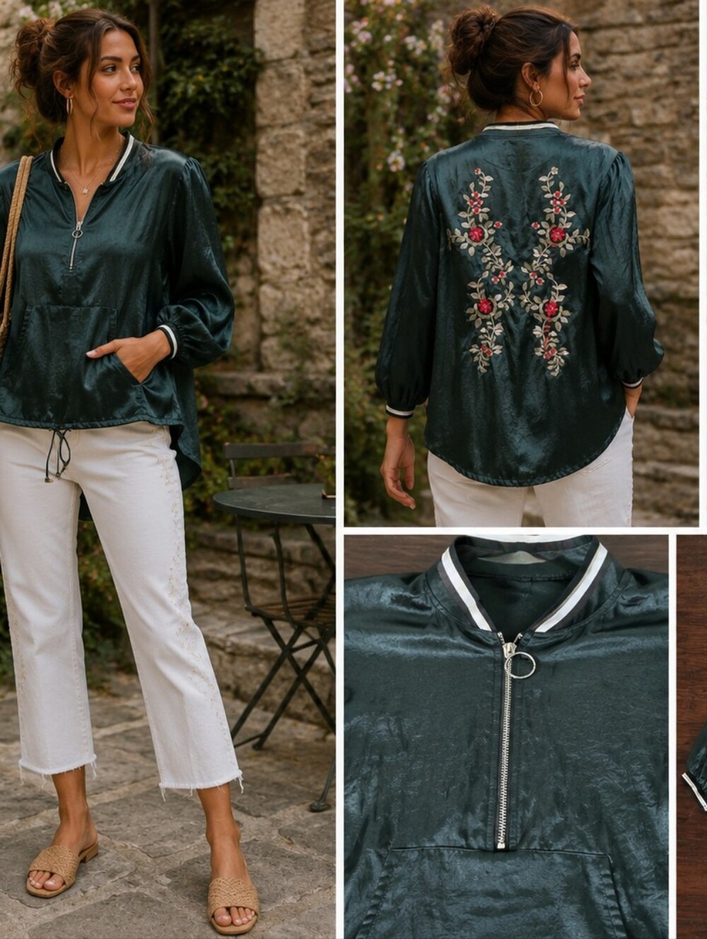 ZARA Embroidered Dark Green Satin Top - Women